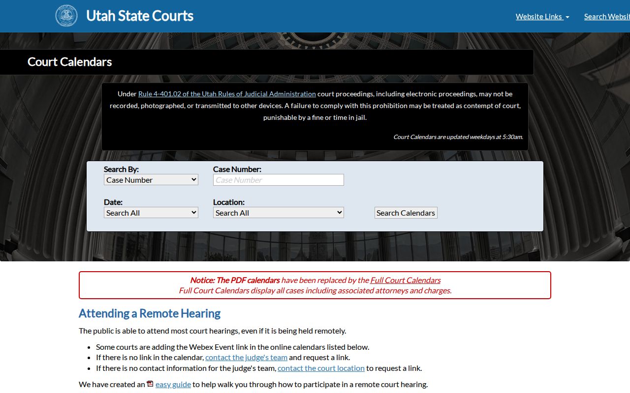 Uintah County court calendar search fields