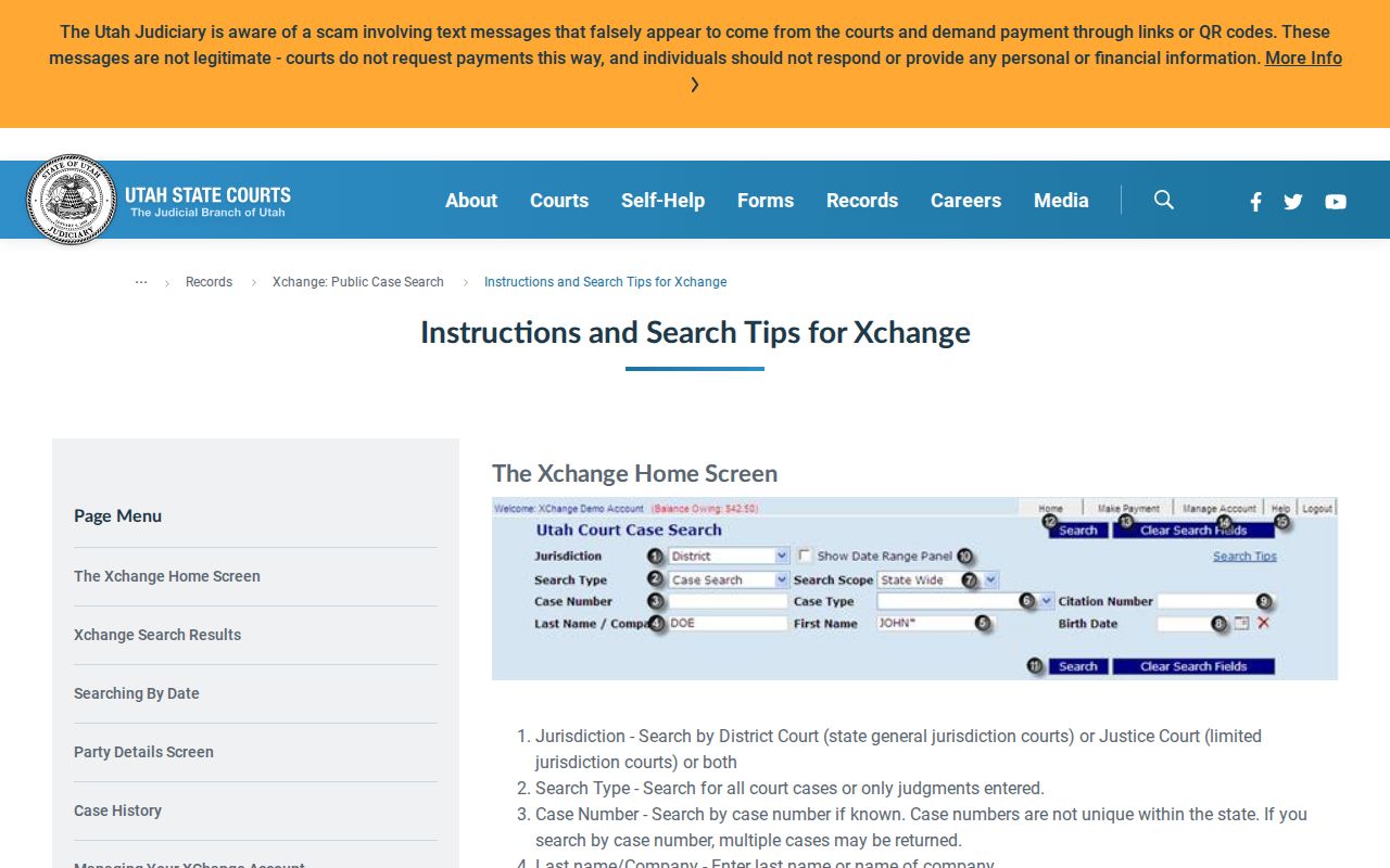 Uintah County case search screen in Utah Xchange